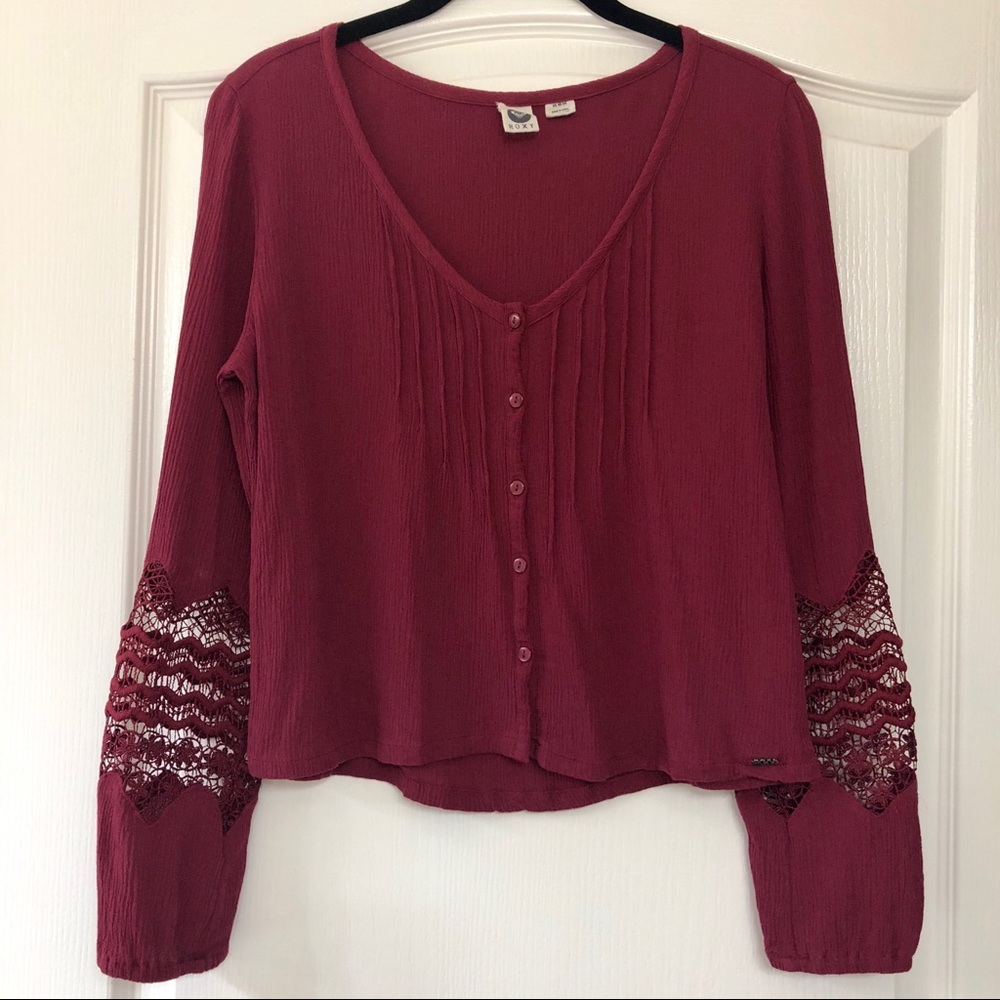 Roxy Maroon Button Down Long Sleeve Blouse